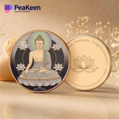 A Buddha coin resting on a table against a clean white background, showcasing its intricate design and details.