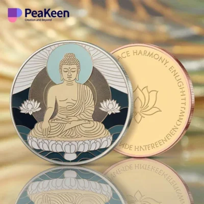 A Buddha coin displayed alongside a shiny gold coin, highlighting their distinct designs and materials.