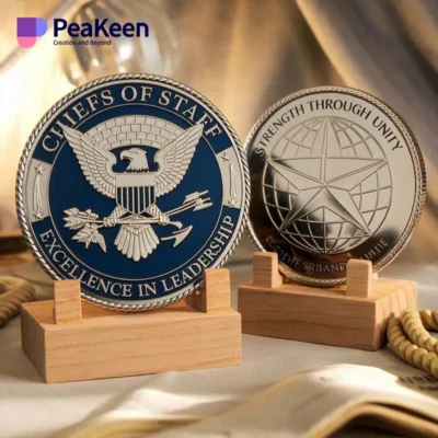 A US Navy SEAL challenge coin displayed prominently, showcasing its intricate design and significance in military tradition.