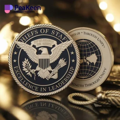 The U.S. state seal coin showcased on a luxurious gold background, representing the Chiefs of Staff challenge coin.