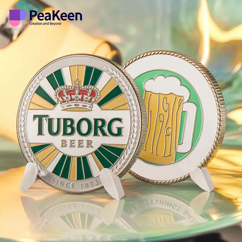 A corporate challenge coin featuring a crown and a beer glass design, symbolizing camaraderie and celebration.