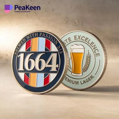 Corporate challenge coin featuring a 1664 beer badge design, showcasing brand identity and craftsmanship.