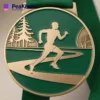 A cross country medal in green and gold, showcasing a runner, representing excellence in athletic performance.