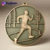 A cross country medal featuring a detailed runner design, symbolizing athletic achievement and competition.