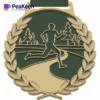 A cross country medal featuring an image of a road surrounded by trees, symbolizing endurance and nature.