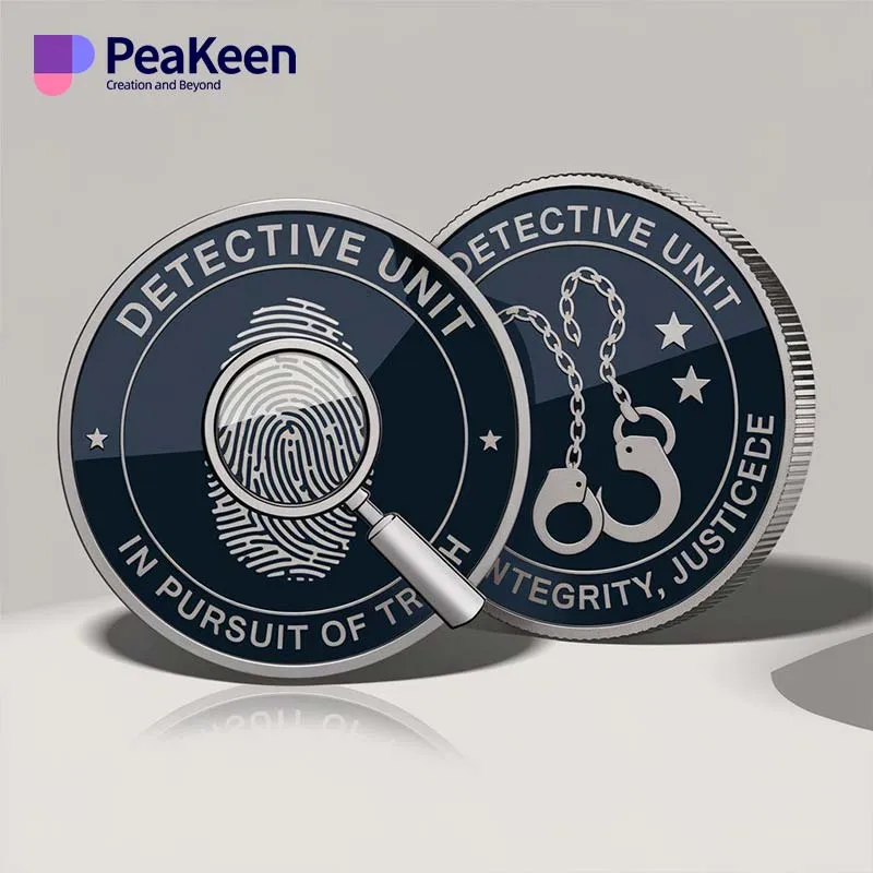 A detective challenge coin featuring a fingerprint and a magnifying glass, symbolizing investigation and analysis.