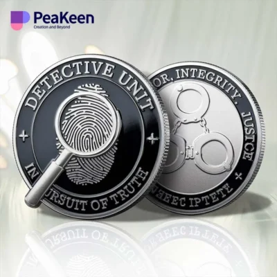 A detective challenge coin featuring a fingerprint and the words "detective unit" engraved on its surface.