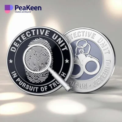 Detective challenge coin featuring a fingerprint and badge, symbolizing law enforcement and investigative excellence.