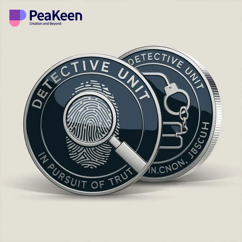 Two detective challenge coins featuring the words "Detective Unit" prominently displayed on their surfaces.