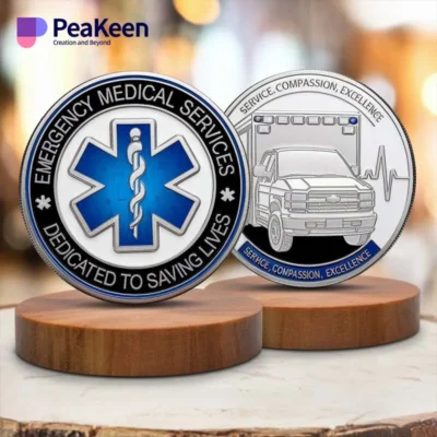 EMS emblem showcased on a plaque, highlighting the significance of the EMS challenge coin.