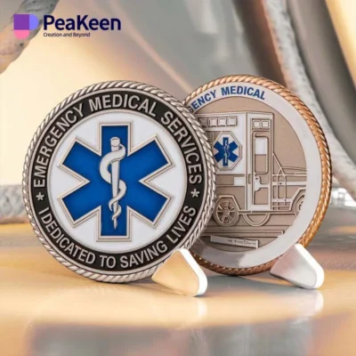 Emergency medical services challenge coin displayed prominently, showcasing its unique design and significance in EMS recognition.