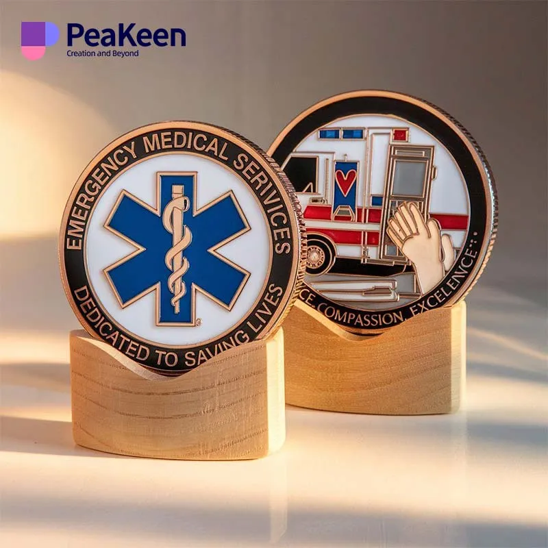 Two wooden EMS challenge coins featuring the EMS logo, showcasing intricate designs and craftsmanship.