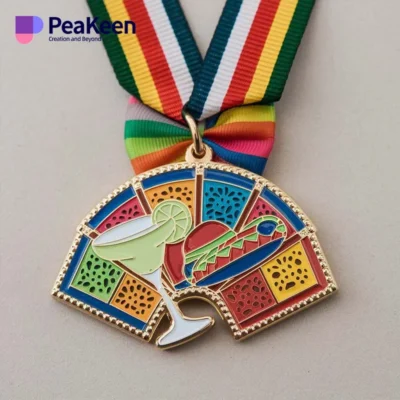 A vibrant fiesta medal featuring a colorful ribbon alongside a refreshing drink, symbolizing celebration and joy.