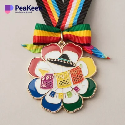 A fiesta medal featuring a vibrant ribbon and the Mexican flag, symbolizing celebration and cultural pride.