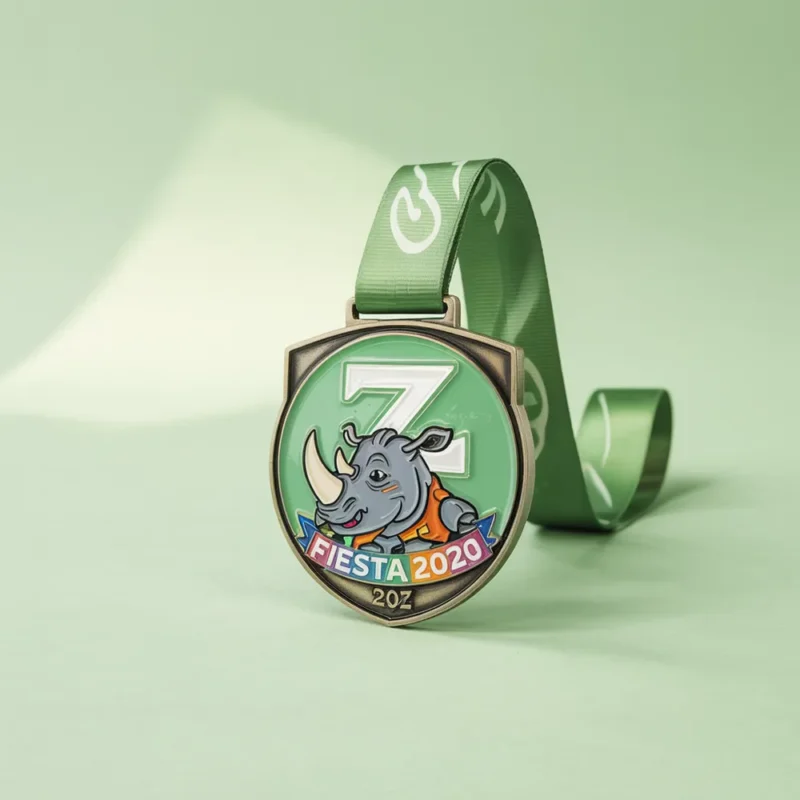 A fiesta medal featuring a detailed rhino design, symbolizing celebration and cultural pride.