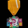 A colorful fiesta medal featuring a cartoon character design, celebrating a festive occasion.