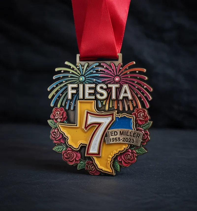 Colorful medal for the 7th annual fiesta, featuring festive designs and the event's name prominently displayed.