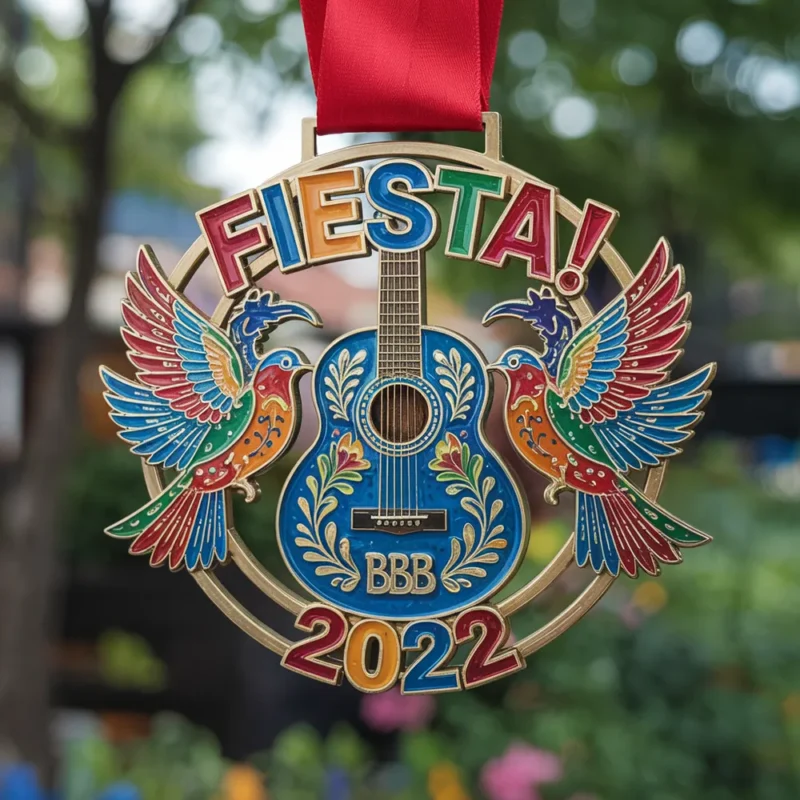 Colorful fiesta medal featuring a guitar surrounded by decorative birds, celebrating cultural festivities.