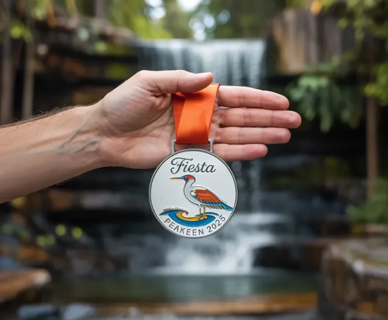 A person proudly holds a fiesta medal in front of a cascading waterfall, showcasing their achievement in a vibrant setting.