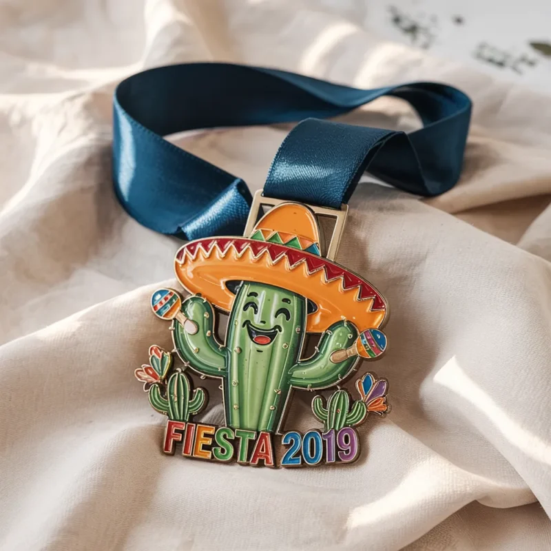 Fiesta 2019 medal featuring a decorative cactus design, celebrating the annual cultural festival.