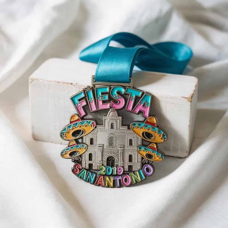 Colorful 2019 fiesta medal featuring vibrant designs and the event's logo, celebrating the annual festival.