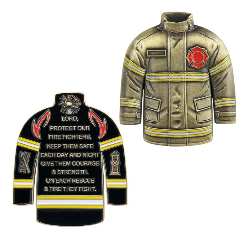 Firefighter jacket and hat pin displayed on a coin, symbolizing bravery and service in firefighting.