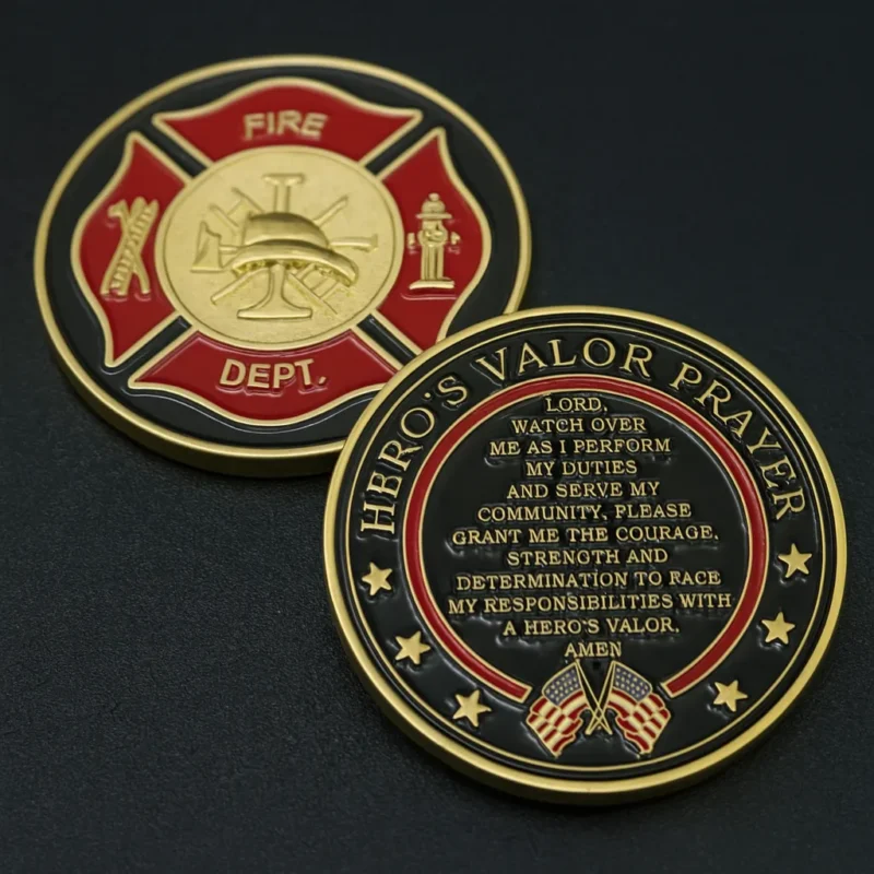 Firefighter valor medal featuring "Hero's Valor" inscription, symbolizing bravery and dedication in fire service.