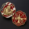 Fire rescue badge featuring an American flag, designed as a commemorative firefighter coin.