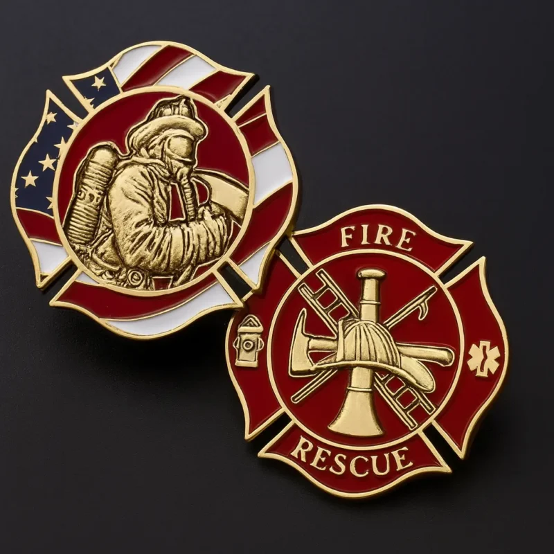 Fire rescue badge featuring an American flag, designed as a commemorative firefighter coin.