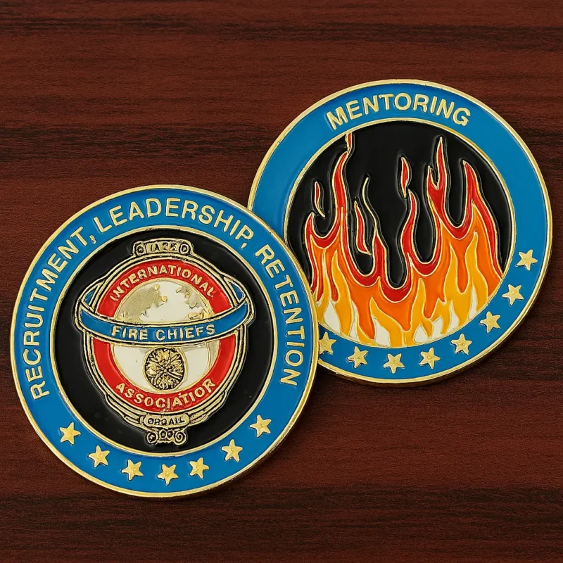 Challenge coin featuring fire chiefs mentoring, symbolizing camaraderie and dedication in firefighting.