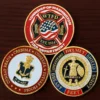 Three commemorative coins featuring "Fire Department" and "Police Department" inscriptions, including a firefighter coin.