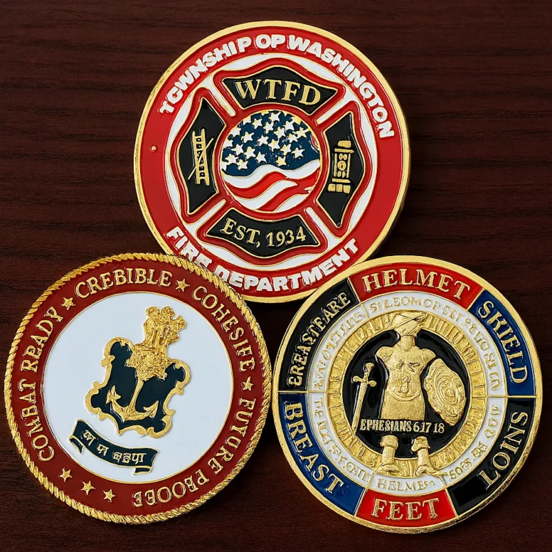Three commemorative coins featuring "Fire Department" and "Police Department" inscriptions, including a firefighter coin.