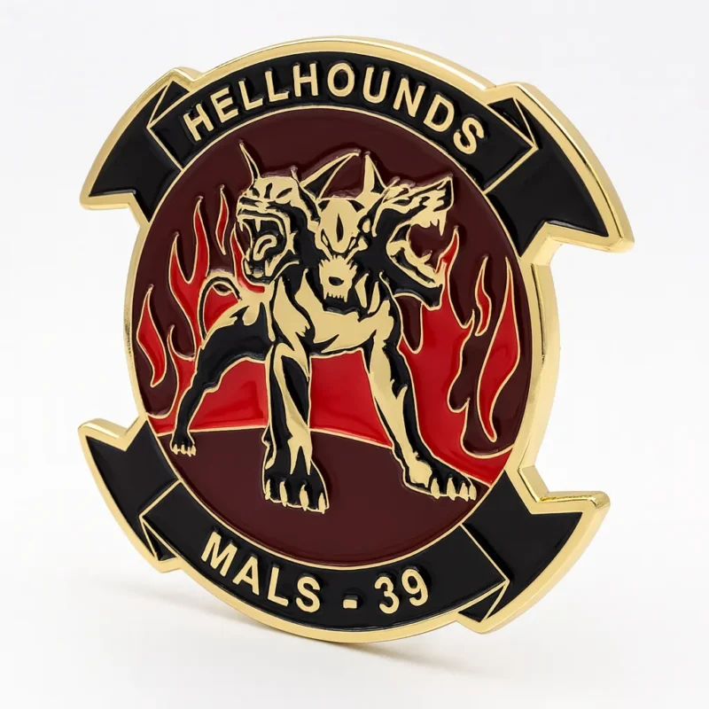 Badge featuring the word "Hellhounds," designed as a firefighter coin.