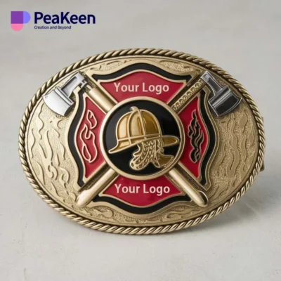 Custom logo belt buckle featuring a fireman's helmet, designed for firefighters and enthusiasts alike.