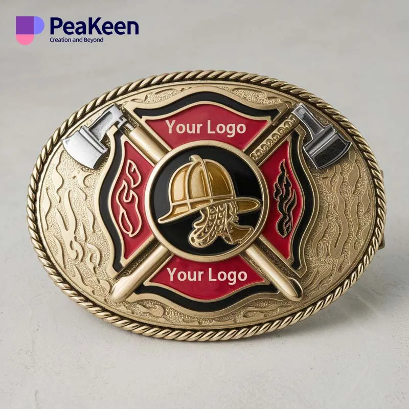 Custom logo belt buckle featuring a fireman's helmet, designed for firefighters and enthusiasts alike.