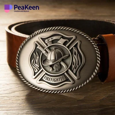 A firefighter emblem adorns a sturdy belt buckle, symbolizing bravery and dedication to fire service.