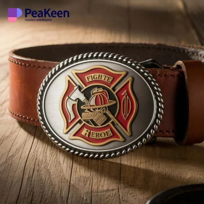 A firefighter's belt buckle showcasing a fire department emblem, highlighting the commitment to public safety.