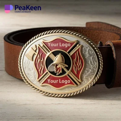 Customized firefighter belt buckle featuring unique design elements, showcasing pride and dedication to the fire service.