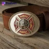 A belt buckle featuring a firefighter emblem, representing courage and commitment to firefighting.