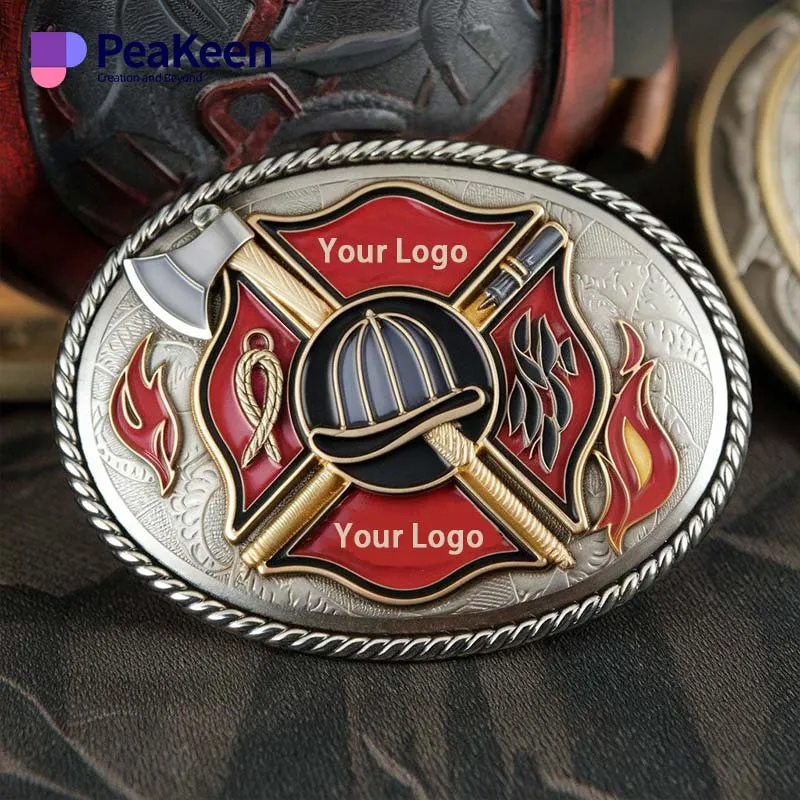 Custom firefighter belt buckle featuring a unique logo design, showcasing pride and dedication to the fire service.