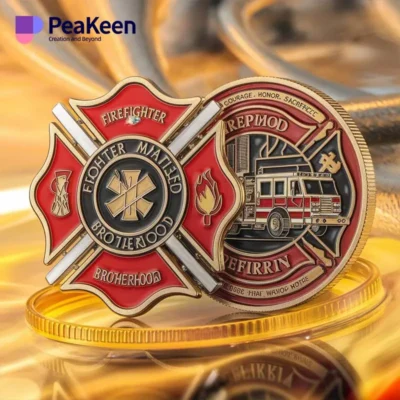 Fire department badge featuring a striking red and gold background, symbolizing bravery and service in firefighting.