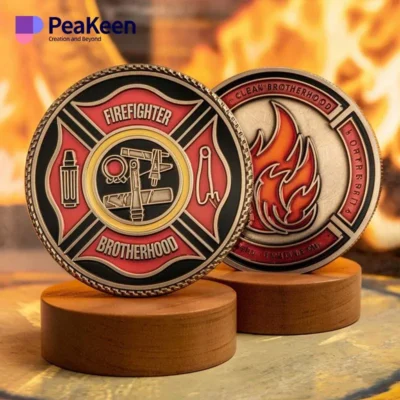 Firefighter challenge coin featuring flames and a fireman's badge, symbolizing bravery and dedication to firefighting.