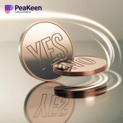 A flipping coin with "yes" engraved, symbolizing Peakeen's new coin and a positive outlook for the future.