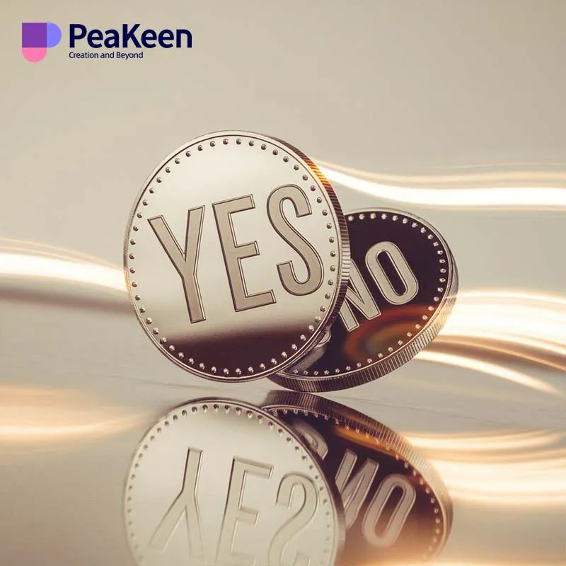 A hand flipping a coin labeled "peeken" with the words "yes" and "no" visible on either side.