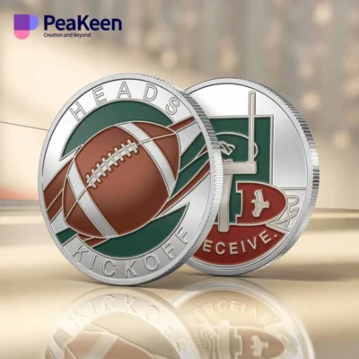 A coin featuring a football design and the phrase "kick off" symbolizing sports enthusiasm and playful competition.