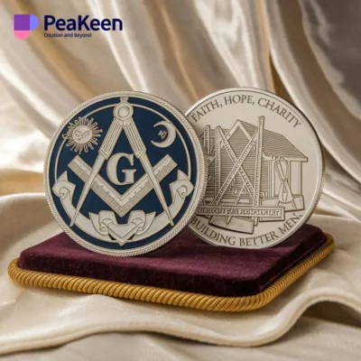 A Masonic challenge coin displayed prominently, showcasing intricate designs and symbols of Freemasonry.