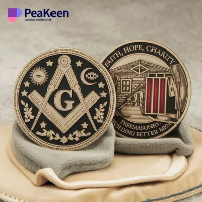 A Masonic challenge coin displayed prominently, showcasing intricate designs and symbols of Freemasonry.