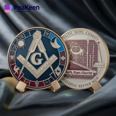 Two freemason challenge coins featuring the masonic emblem, showcasing intricate designs and craftsmanship.