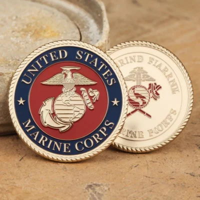 USMC Marine Corps challenge coin featuring the Marine Corps emblem, symbolizing pride and camaraderie among Marines.