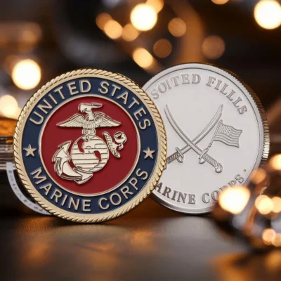 USMC Marine Corps challenge coin featuring the emblem and motto, symbolizing pride and camaraderie among service members.